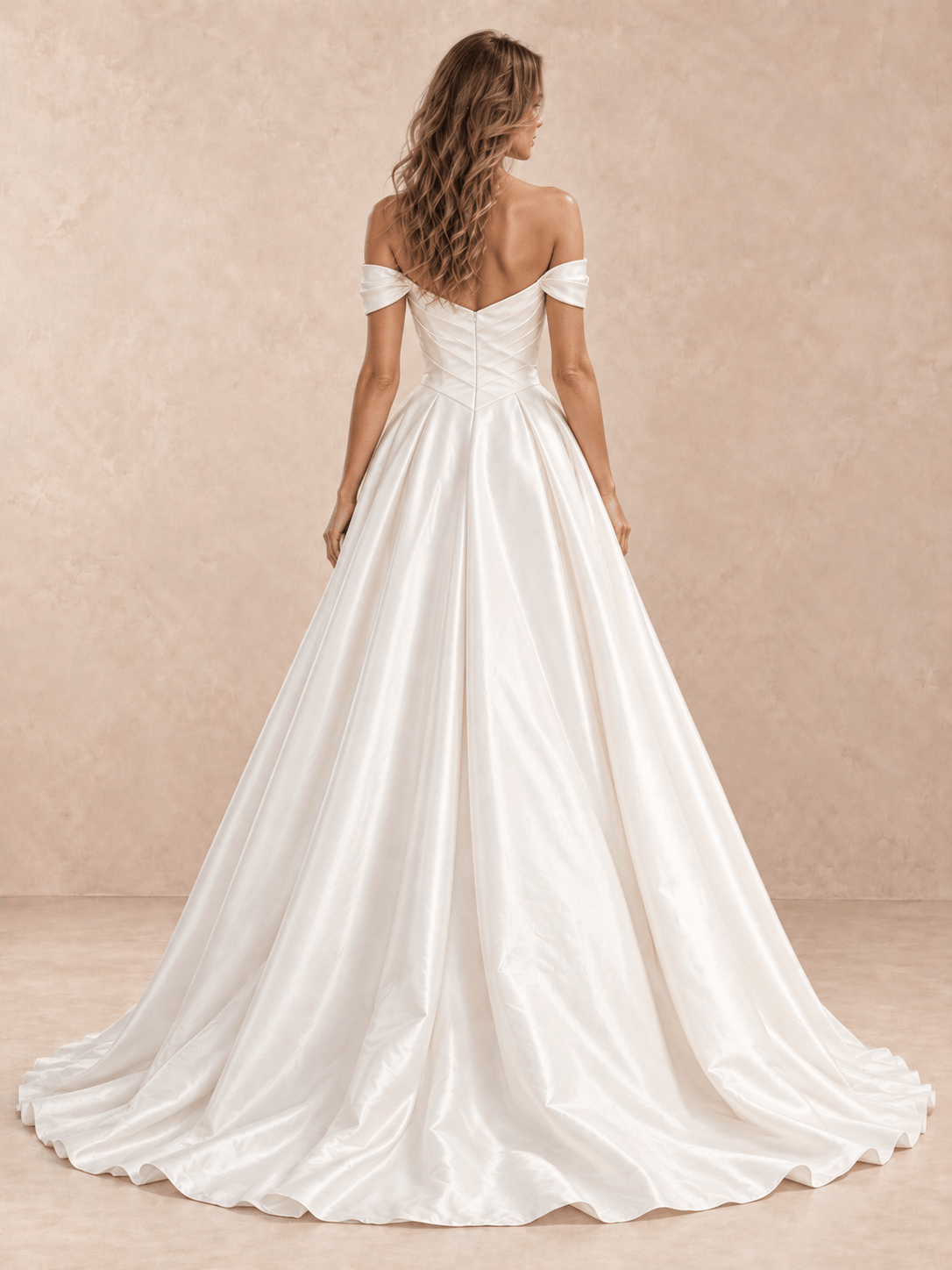 White Satin Off-the-Shoulder Wedding Dress with Draped Crossover Bodice