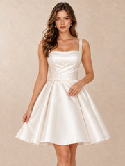 White Satin Square-Neck A-Line Mini Wedding Dress with Pearl Waist
