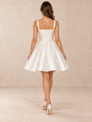 White Satin Square-Neck A-Line Mini Wedding Dress with Pearl Waist