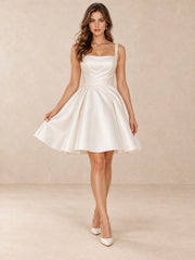 White Satin Square-Neck A-Line Mini Wedding Dress with Pearl Waist