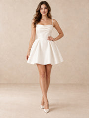 White Satin Square-Neck Pearl-Detail Mini Wedding Dress