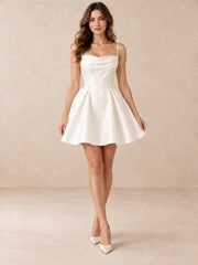 White Satin Square-Neck Pearl-Detail Mini Wedding Dress