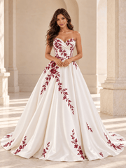 White Satin Strapless Ball Gown Wedding Dress with Burgundy Floral Embroidery