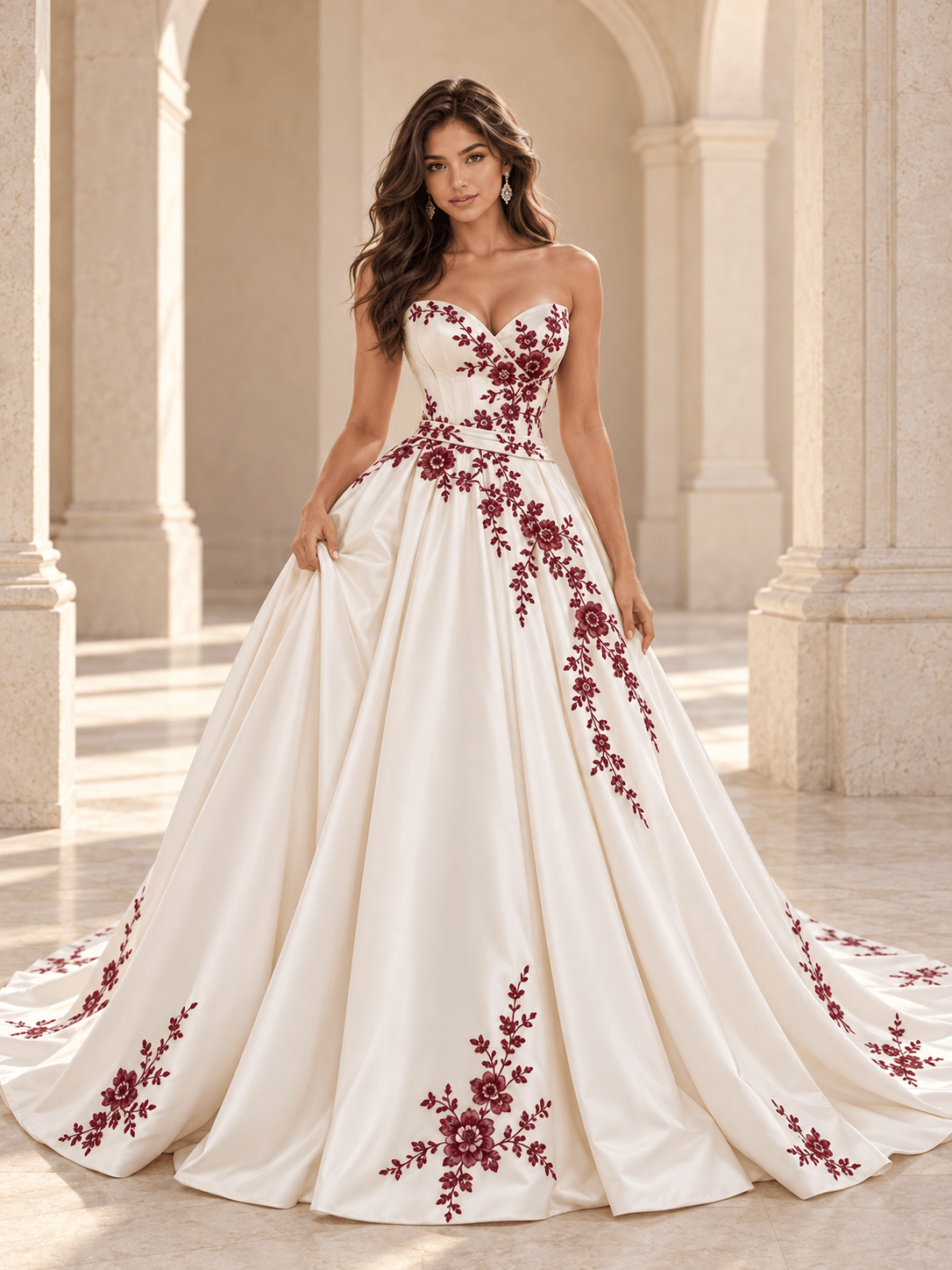 White Satin Strapless Ball Gown Wedding Dress with Burgundy Floral Embroidery