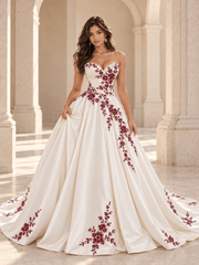 White Satin Strapless Ball Gown Wedding Dress with Burgundy Floral Embroidery