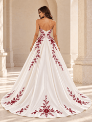 White Satin Strapless Ball Gown Wedding Dress with Burgundy Floral Embroidery