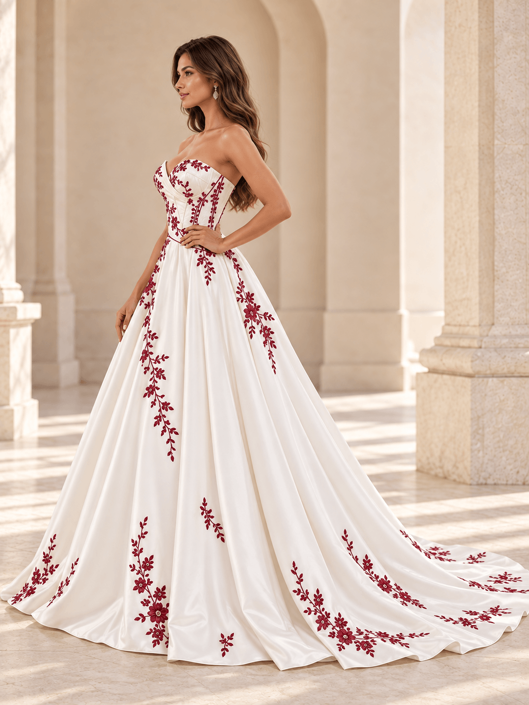 White Satin Strapless Ball Gown Wedding Dress with Burgundy Floral Embroidery