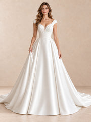 White Satin V-Neck Ball Gown Wedding Dress with Sweep Train