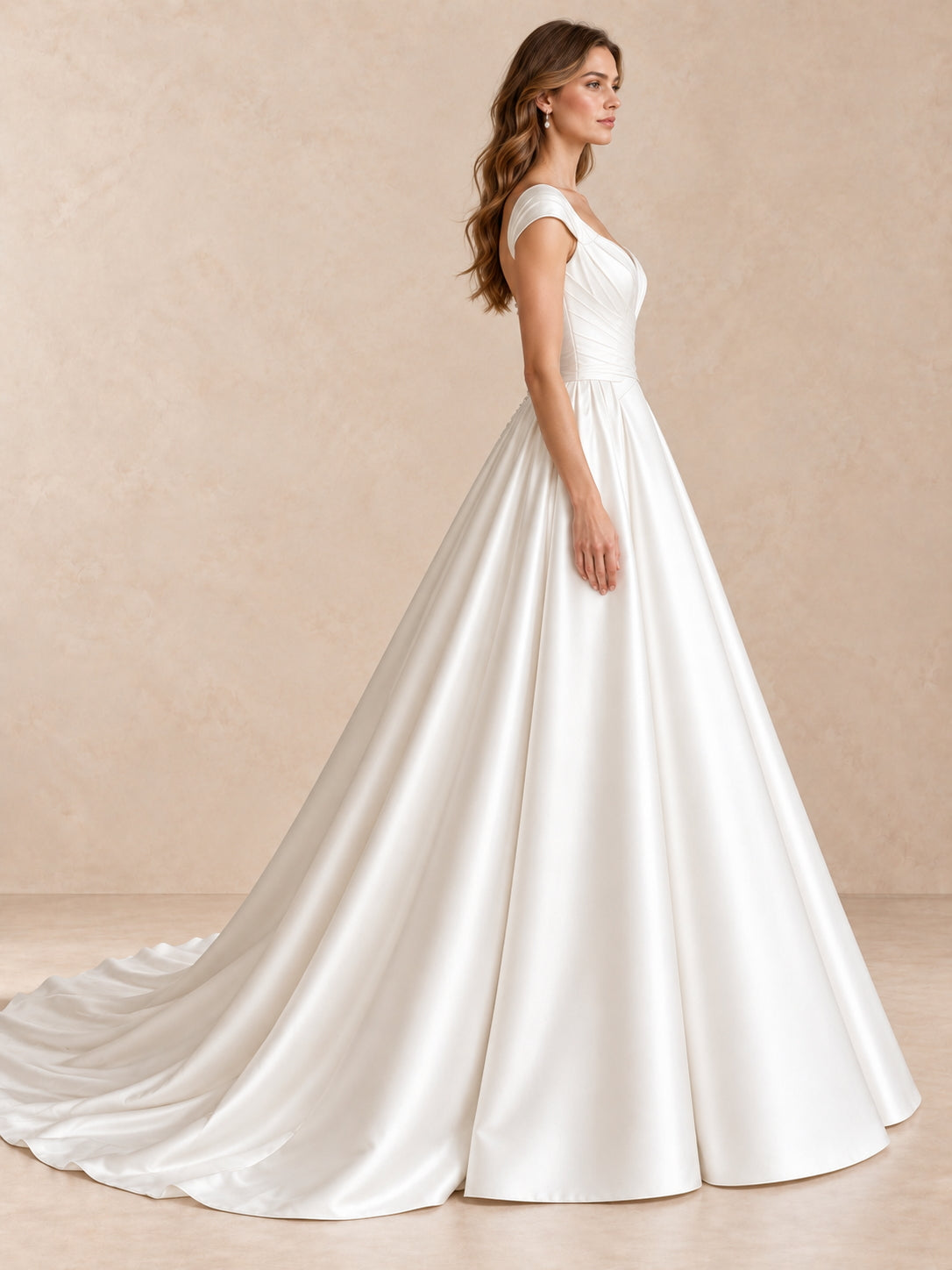 White Satin V-Neck Ball Gown Wedding Dress with Sweep Train