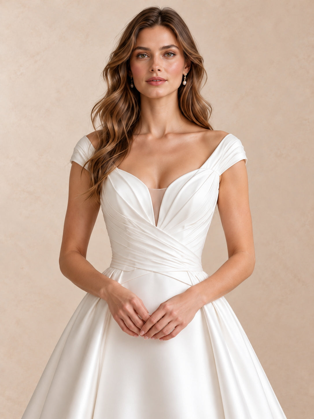 White Satin V-Neck Ball Gown Wedding Dress with Sweep Train