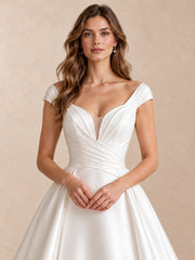 White Satin V-Neck Ball Gown Wedding Dress with Sweep Train