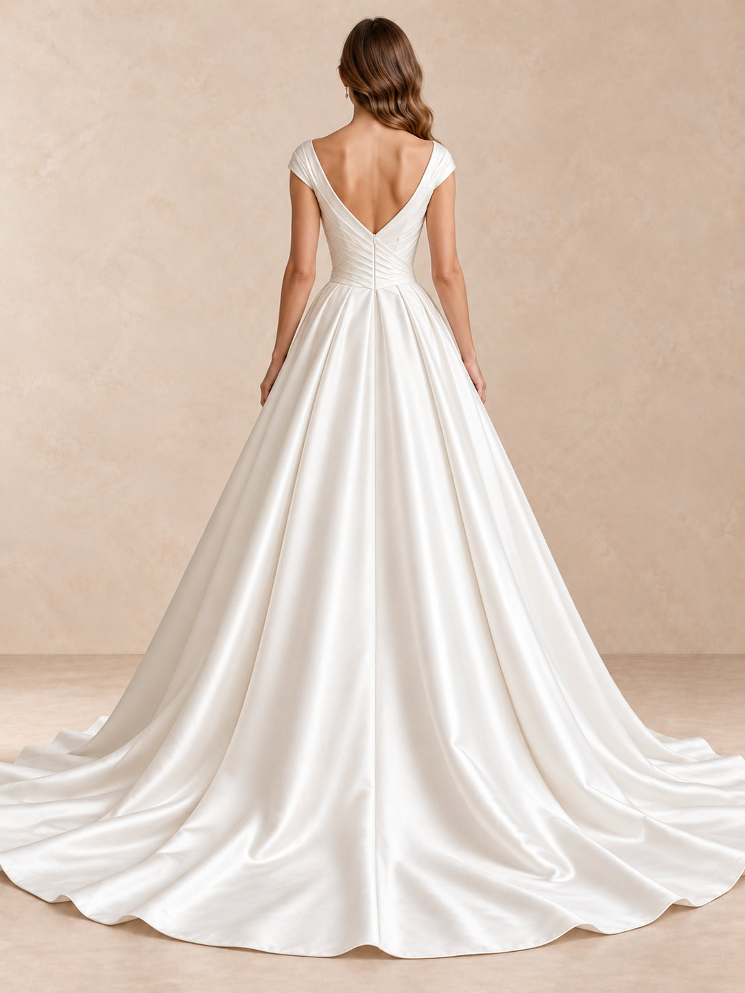 White Satin V-Neck Ball Gown Wedding Dress with Sweep Train