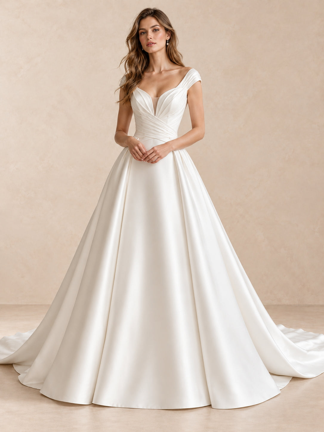 White Satin V-Neck Ball Gown Wedding Dress with Sweep Train