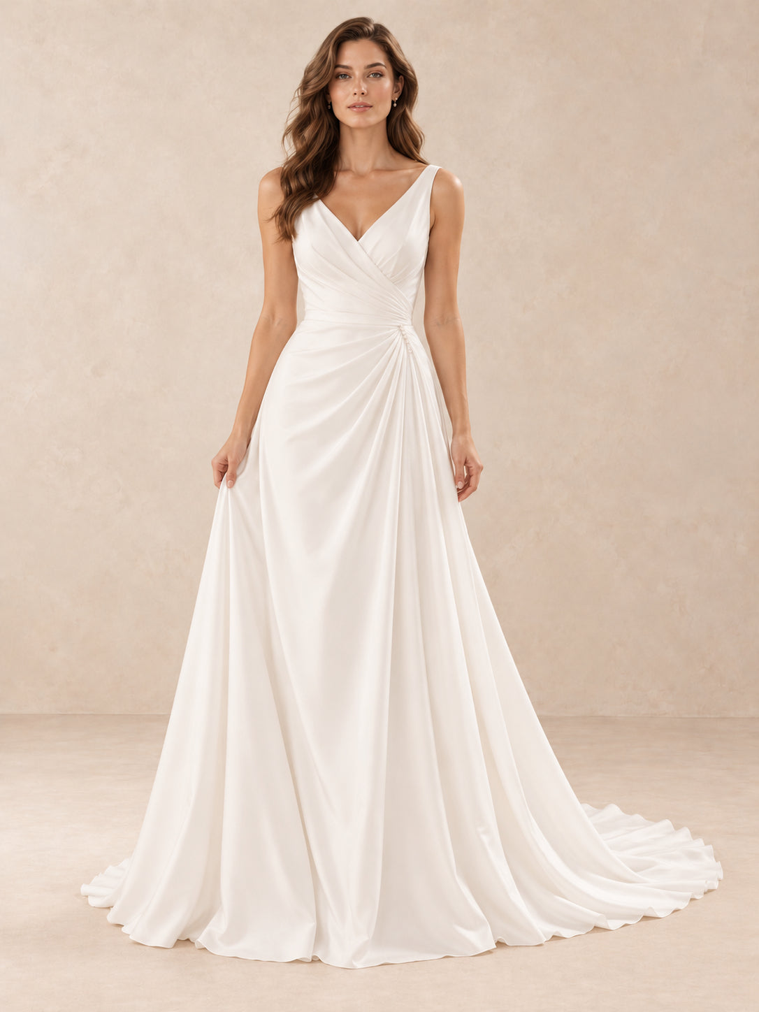 White Satin V-Neck Floor-length Wedding Dress with Pearl Accents