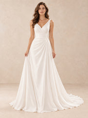 White Satin V-Neck Floor-length Wedding Dress with Pearl Accents