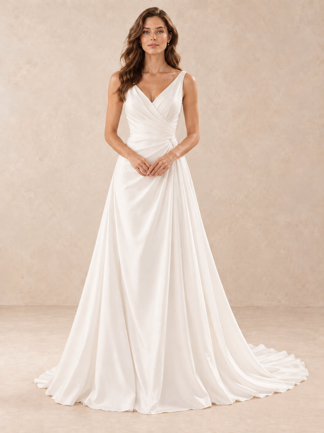 White Satin V-Neck Floor-length Wedding Dress with Pearl Accents