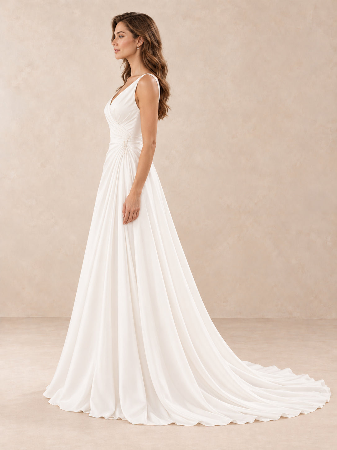 White Satin V-Neck Floor-length Wedding Dress with Pearl Accents