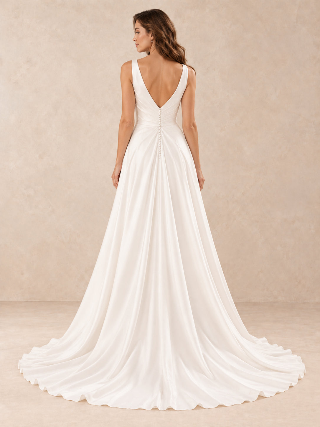 White Satin V-Neck Floor-length Wedding Dress with Pearl Accents