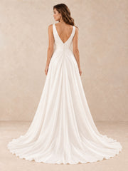 White Satin V-Neck Floor-length Wedding Dress with Pearl Accents