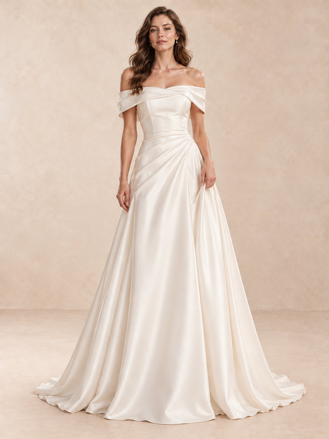 White Sculptural Off-the-Shoulder Satin A-Line Wedding Dress