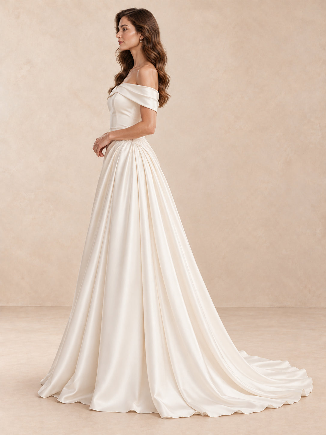 White Sculptural Off-the-Shoulder Satin A-Line Wedding Dress