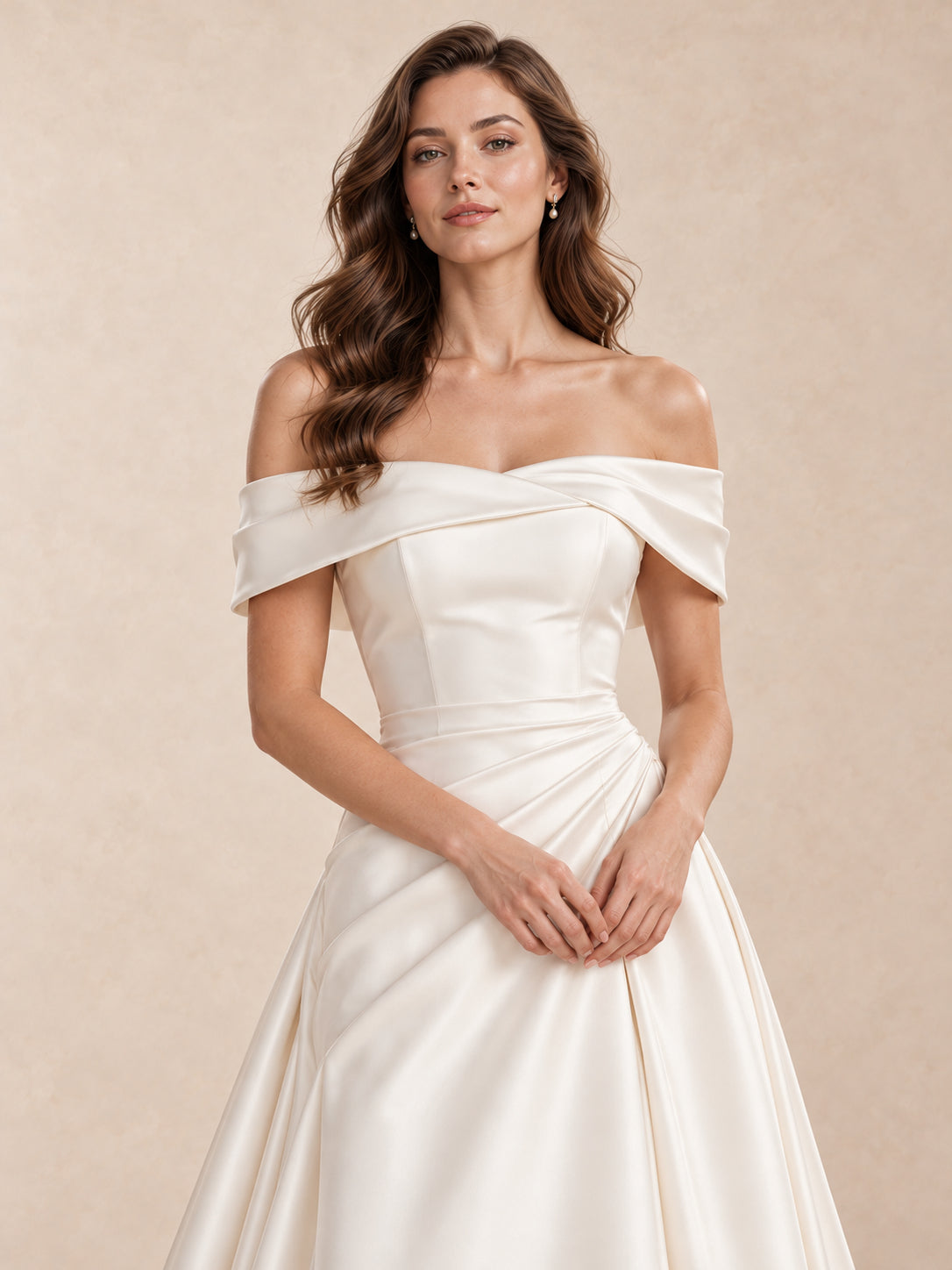 White Sculptural Off-the-Shoulder Satin A-Line Wedding Dress