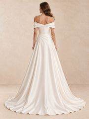 White Sculptural Off-the-Shoulder Satin A-Line Wedding Dress