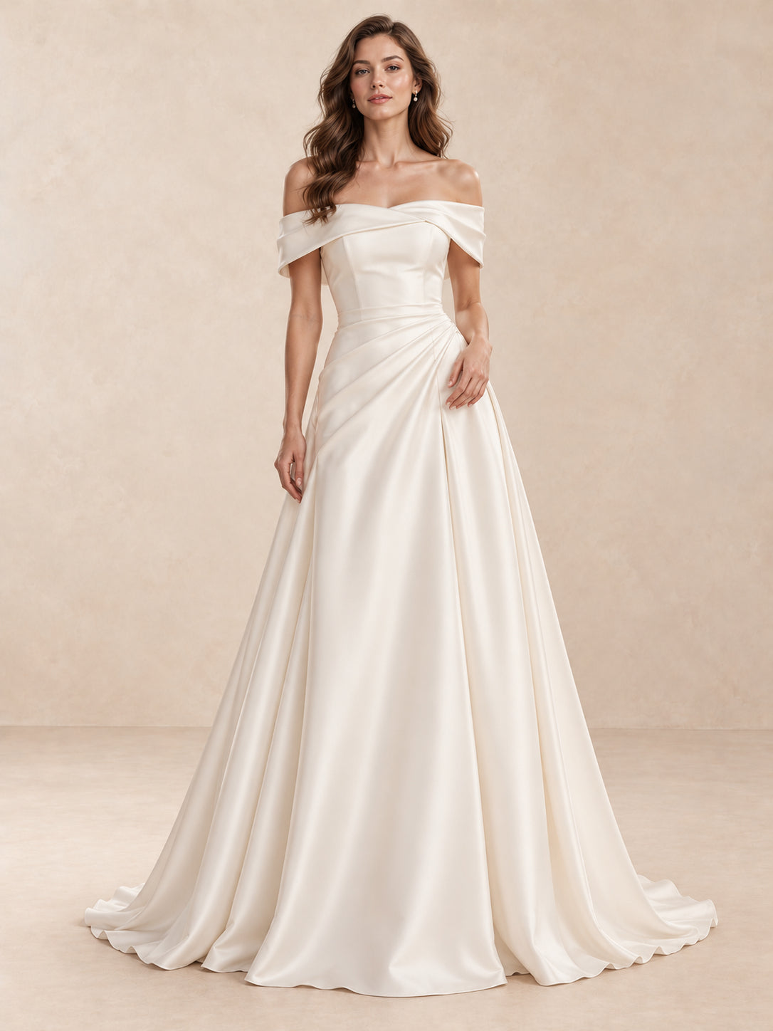 White Sculptural Off-the-Shoulder Satin A-Line Wedding Dress