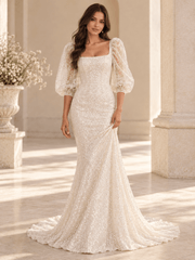 White Sequin Puff Sleeve Mermaid Wedding Dress with Square Neckline