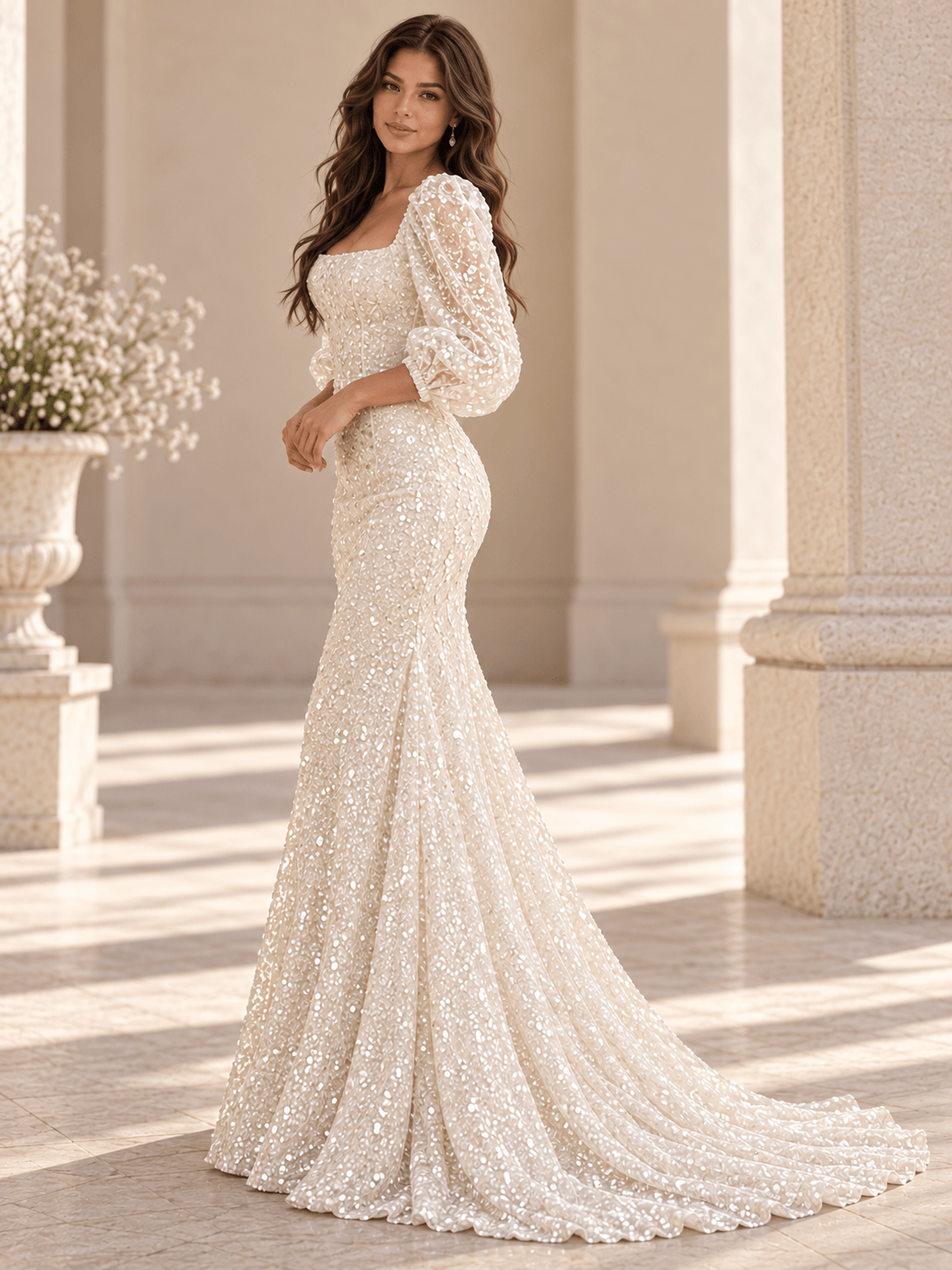 White Sequin Puff Sleeve Mermaid Wedding Dress with Square Neckline