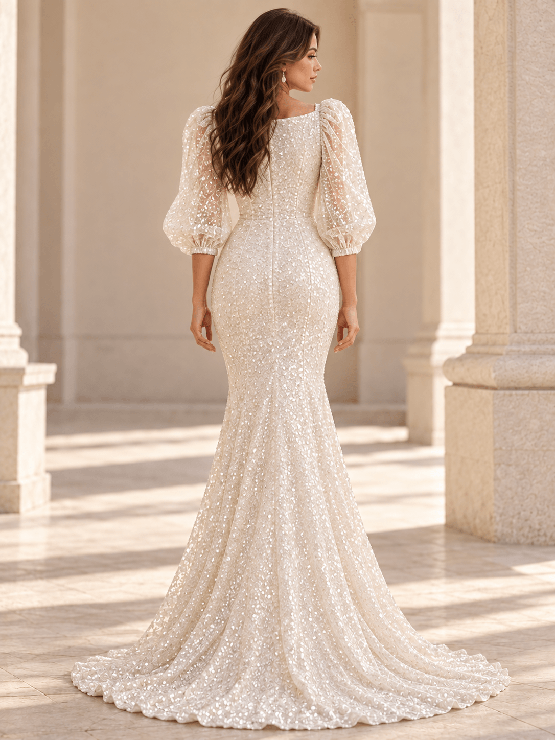 White Sequin Puff Sleeve Mermaid Wedding Dress with Square Neckline