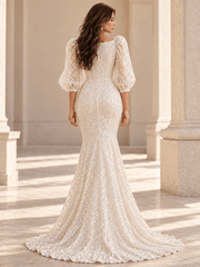 White Sequin Puff Sleeve Mermaid Wedding Dress with Square Neckline