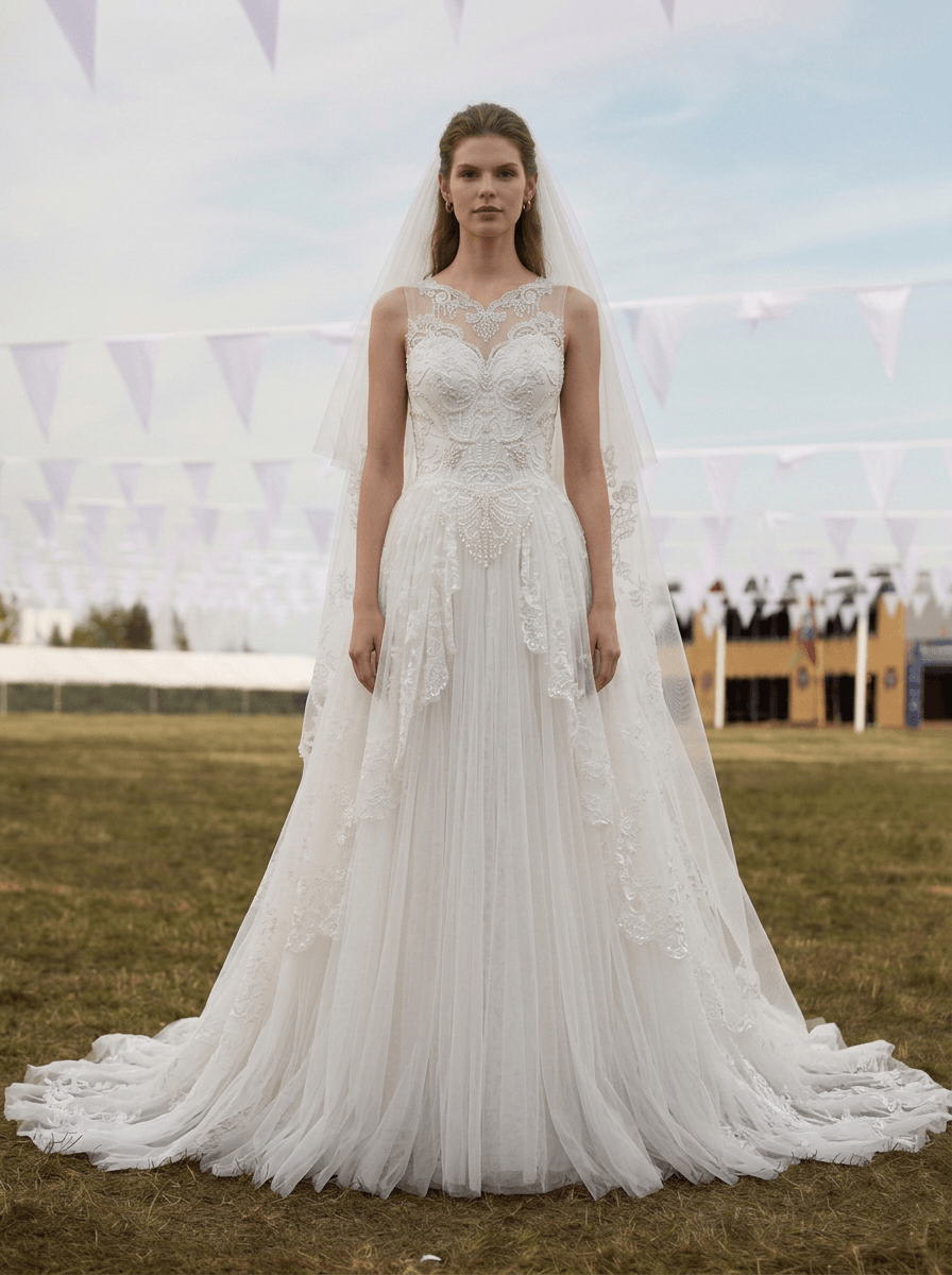 White Sheer Lace A-Line Wedding Dress with Illusion Neckline & Tulle Skirt