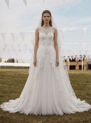White Sheer Lace A-Line Wedding Dress with Illusion Neckline & Tulle Skirt