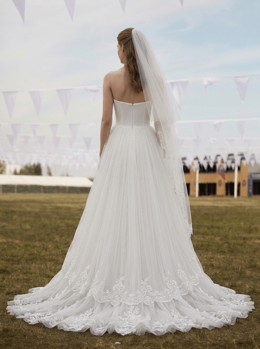 White Sheer Lace A-Line Wedding Dress with Illusion Neckline & Tulle Skirt