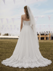 White Sheer Lace A-Line Wedding Dress with Illusion Neckline & Tulle Skirt
