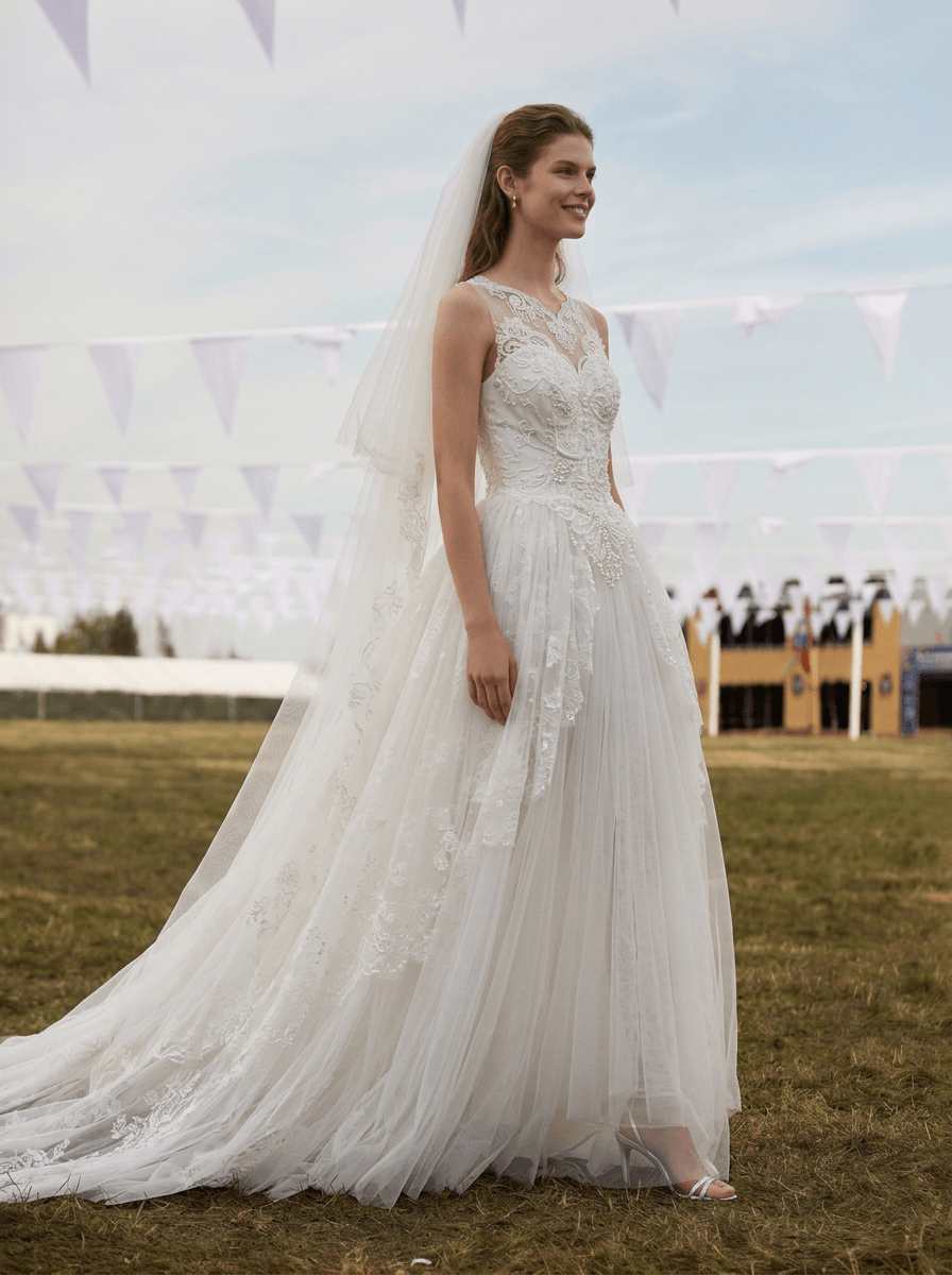 White Sheer Lace A-Line Wedding Dress with Illusion Neckline & Tulle Skirt