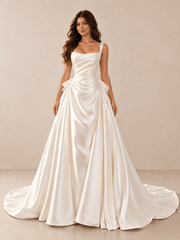 White Square-Neck Draped Satin Wedding Dress with Basque Waist