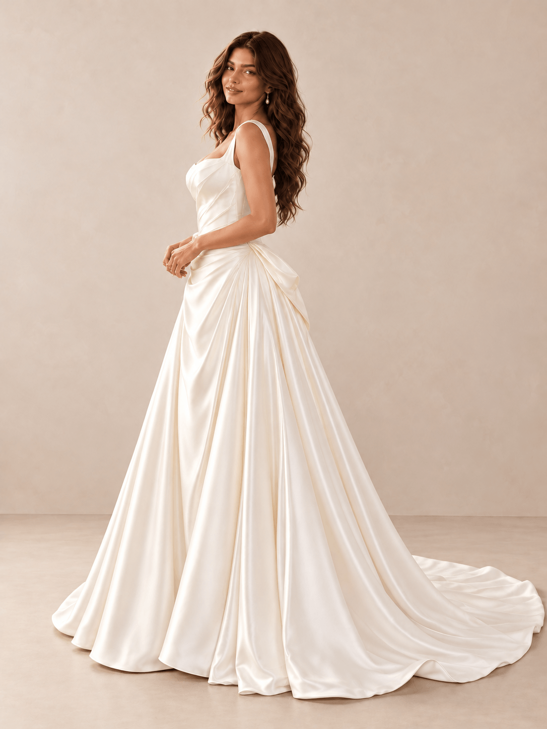 White Square-Neck Draped Satin Wedding Dress with Basque Waist