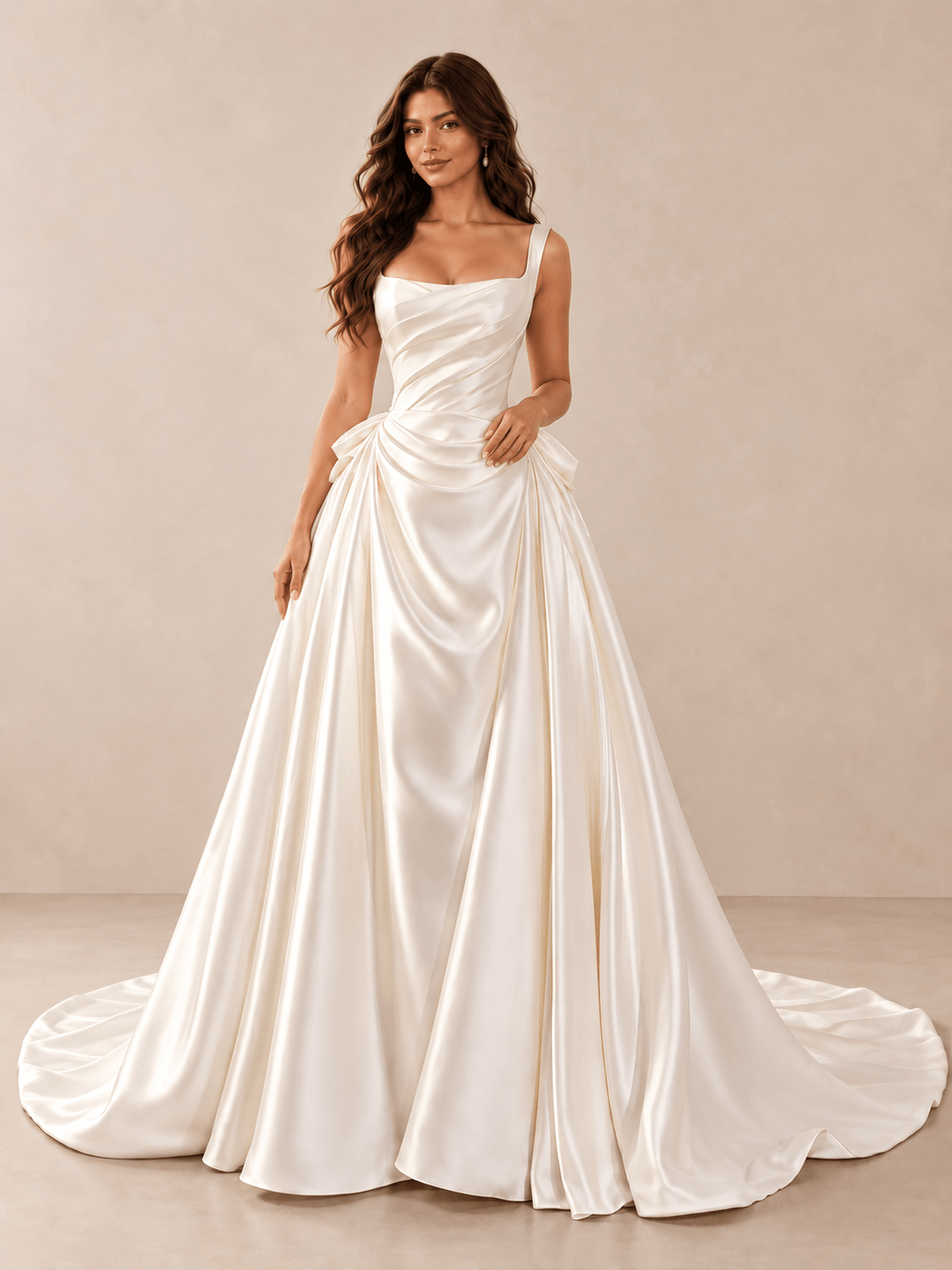White Square-Neck Draped Satin Wedding Dress with Basque Waist