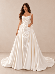 White Square-Neck Draped Satin Wedding Dress with Basque Waist
