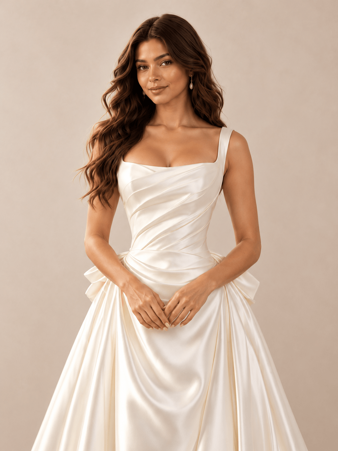 White Square-Neck Draped Satin Wedding Dress with Basque Waist