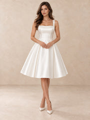 White Square-Neck Pearl-Detail Mikado Short A-Line Wedding Dress