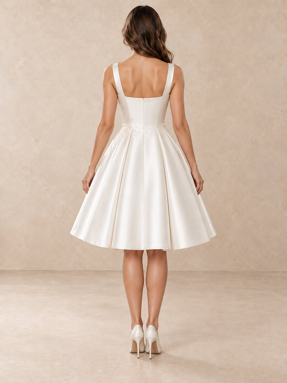 White Square-Neck Pearl-Detail Mikado Short A-Line Wedding Dress