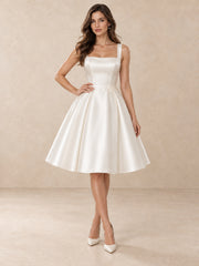 White Square-Neck Pearl-Detail Mikado Short A-Line Wedding Dress