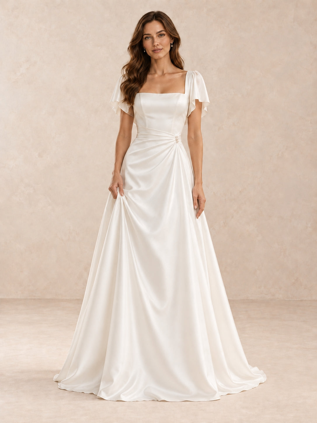 White Square-Neck Satin A-Line Wedding Dress with Flutter Sleeves