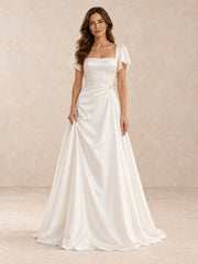 White Square-Neck Satin A-Line Wedding Dress with Flutter Sleeves