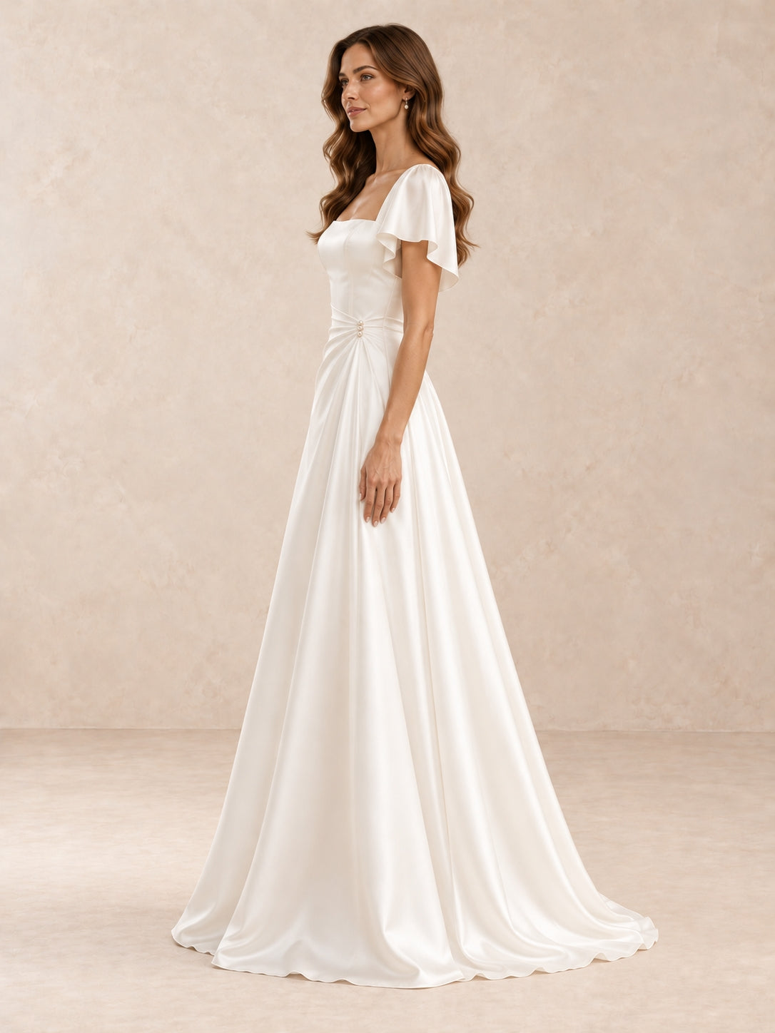 White Square-Neck Satin A-Line Wedding Dress with Flutter Sleeves