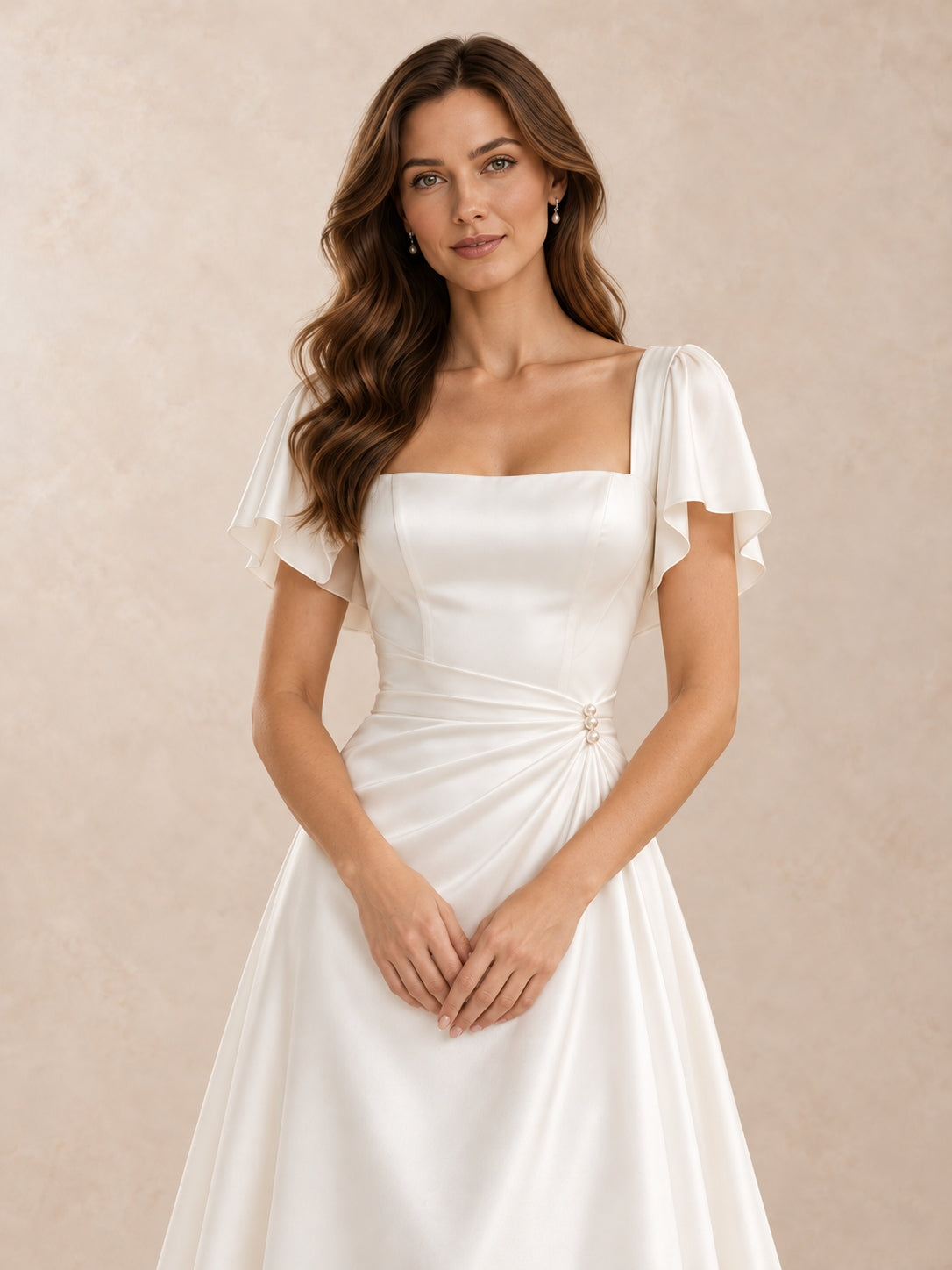 White Square-Neck Satin A-Line Wedding Dress with Flutter Sleeves