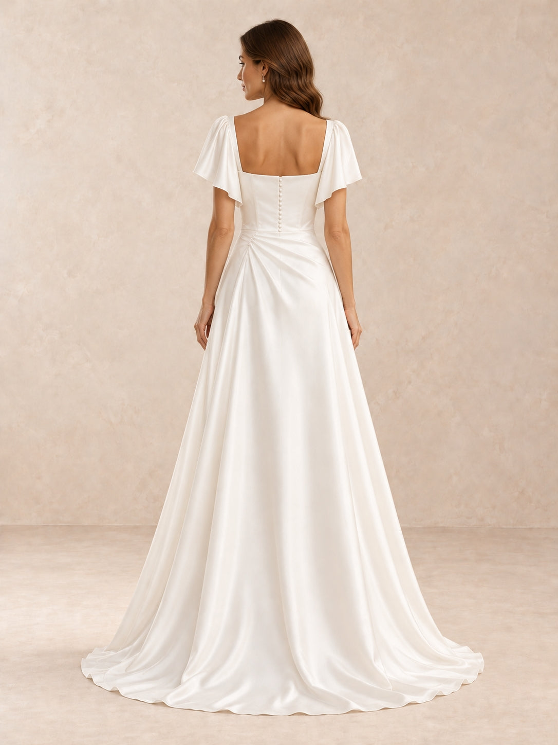 White Square-Neck Satin A-Line Wedding Dress with Flutter Sleeves